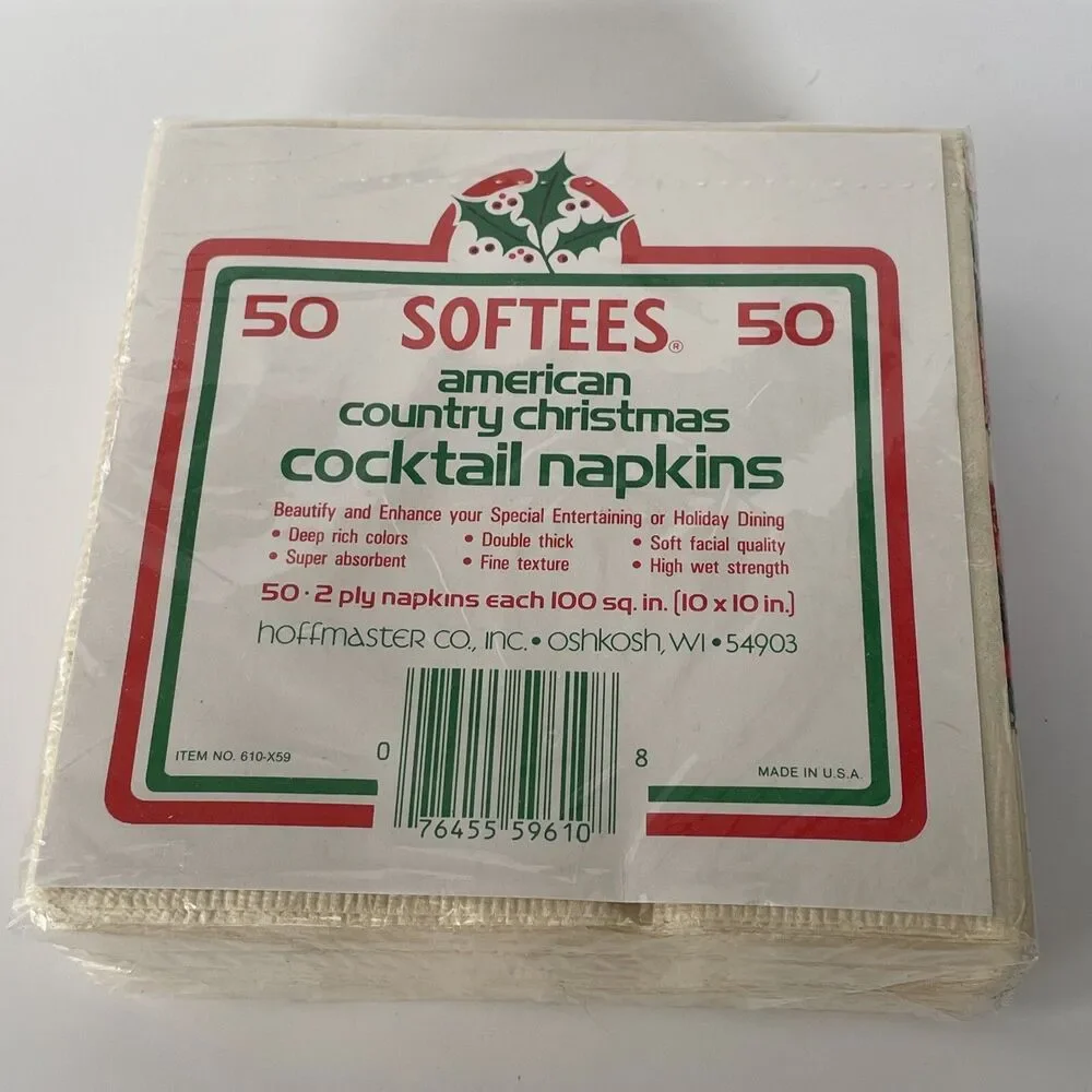 NOS Vintage Christmas Cocktail Napkins Package Of 50 Folk Art Santa Wreath New